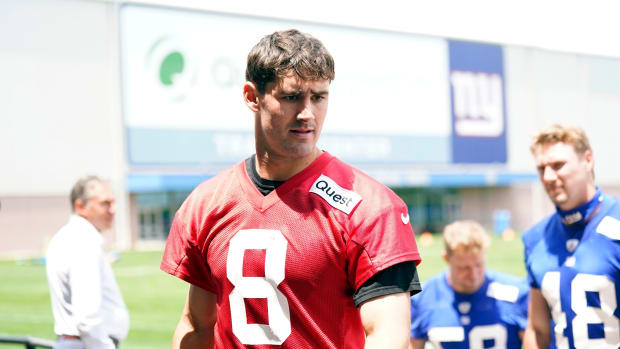 New York Giants quarterback Daniel Jones walks off the field after the first day of mandatory minicamp at the Giants training center in East Rutherford on Tuesday, June 13, 2023.